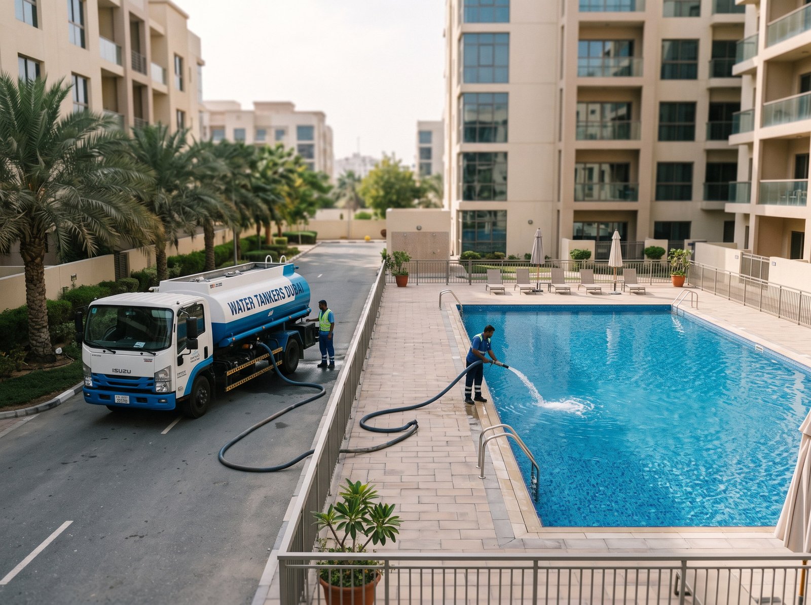 Water tanker filling a residential apartment swimming pool in Dubai