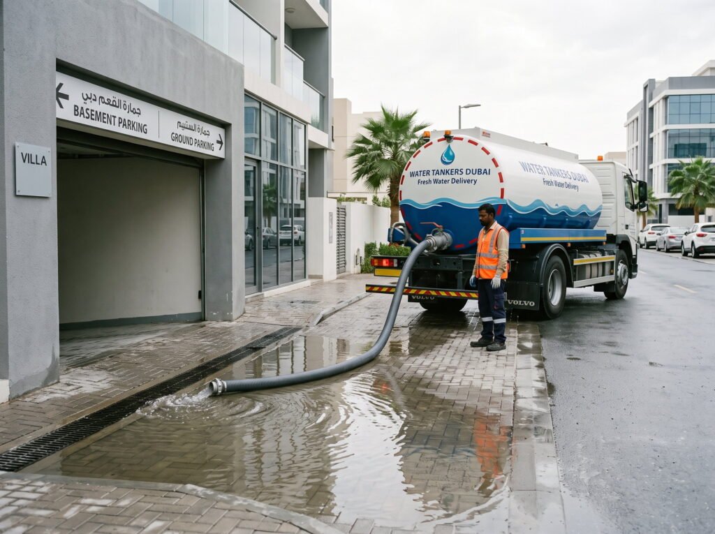 Tanker removing flood water from a villa basement car park in Dubai