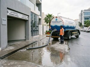 Tanker removing flood water from a villa basement car park in Dubai