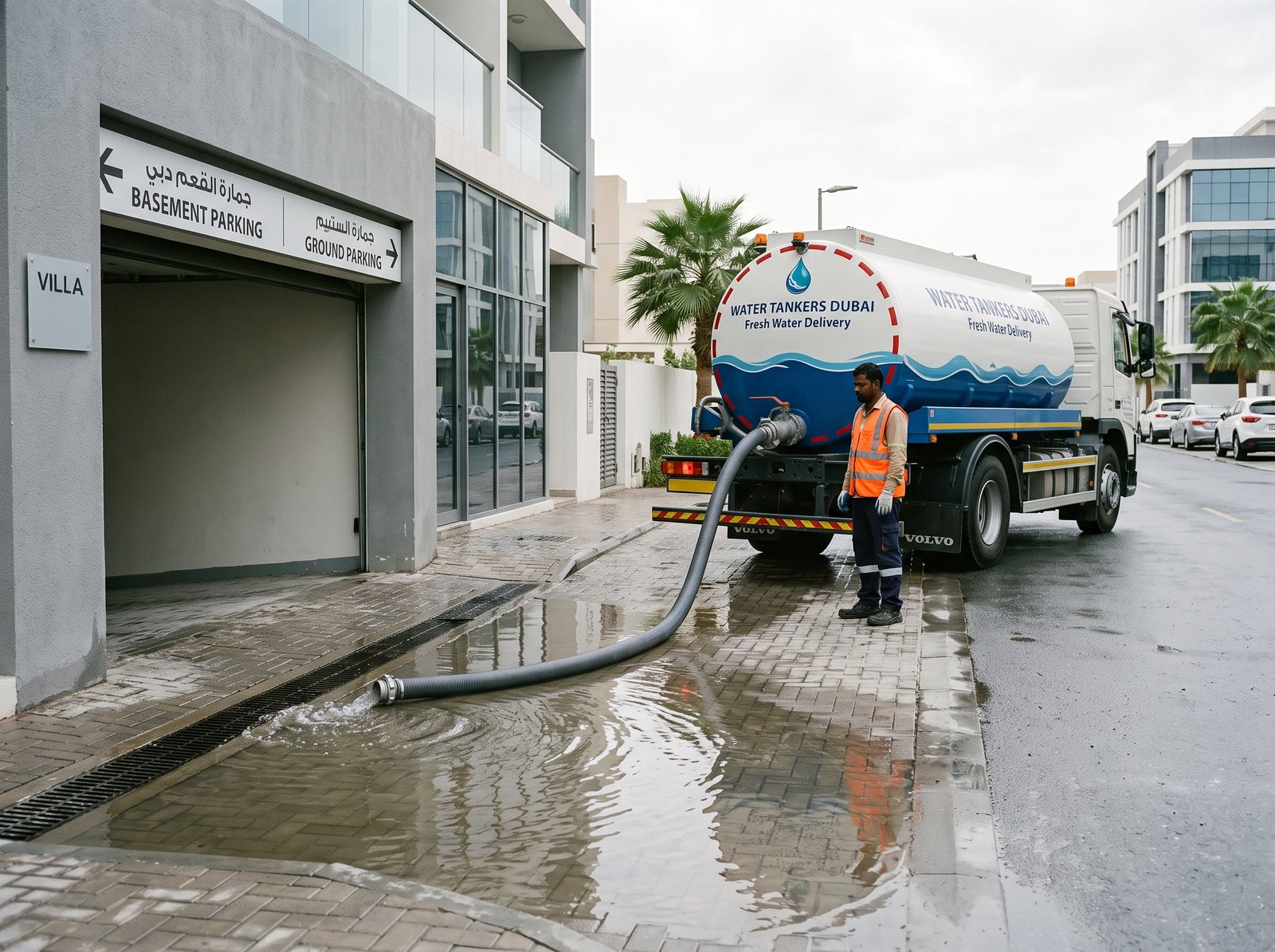 Tanker removing flood water from a villa basement car park in Dubai