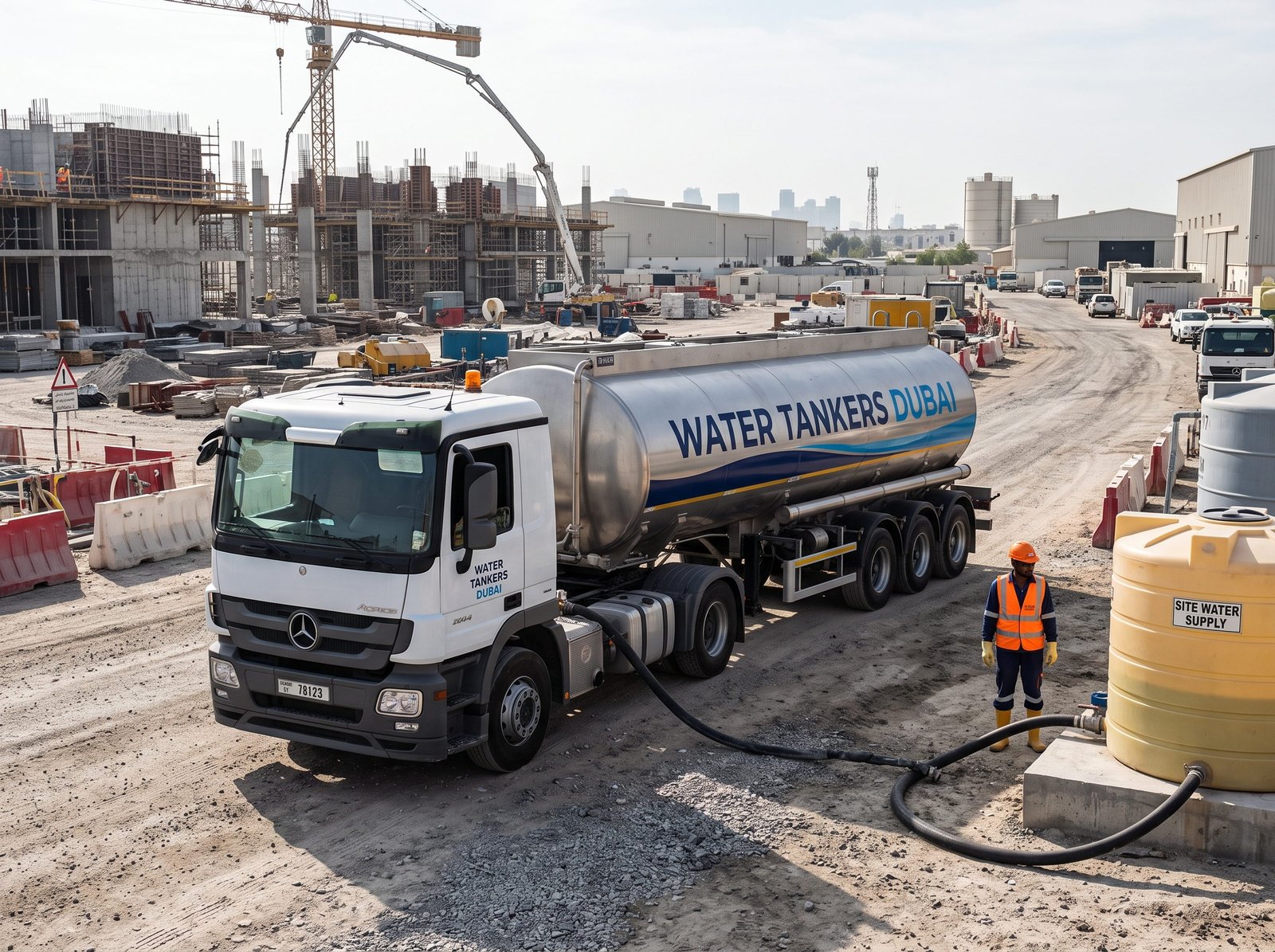 Bulk water tanker supplying a large Dubai construction project