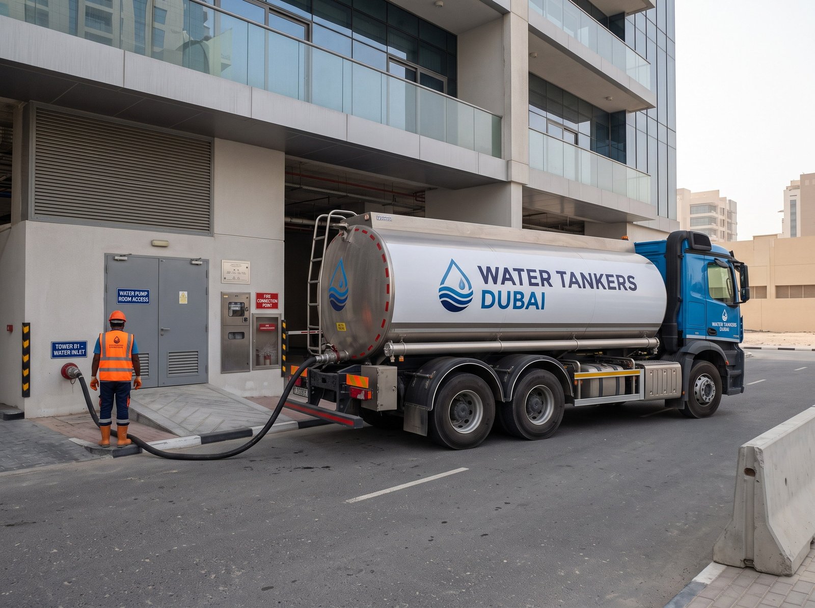 Water tanker connected to a commercial tower water inlet in Dubai