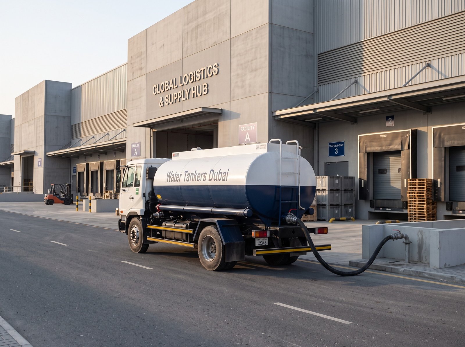 Water tanker delivering to a Dubai logistics warehouse