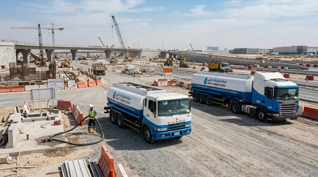 Water tankers supplying an active Dubai construction site