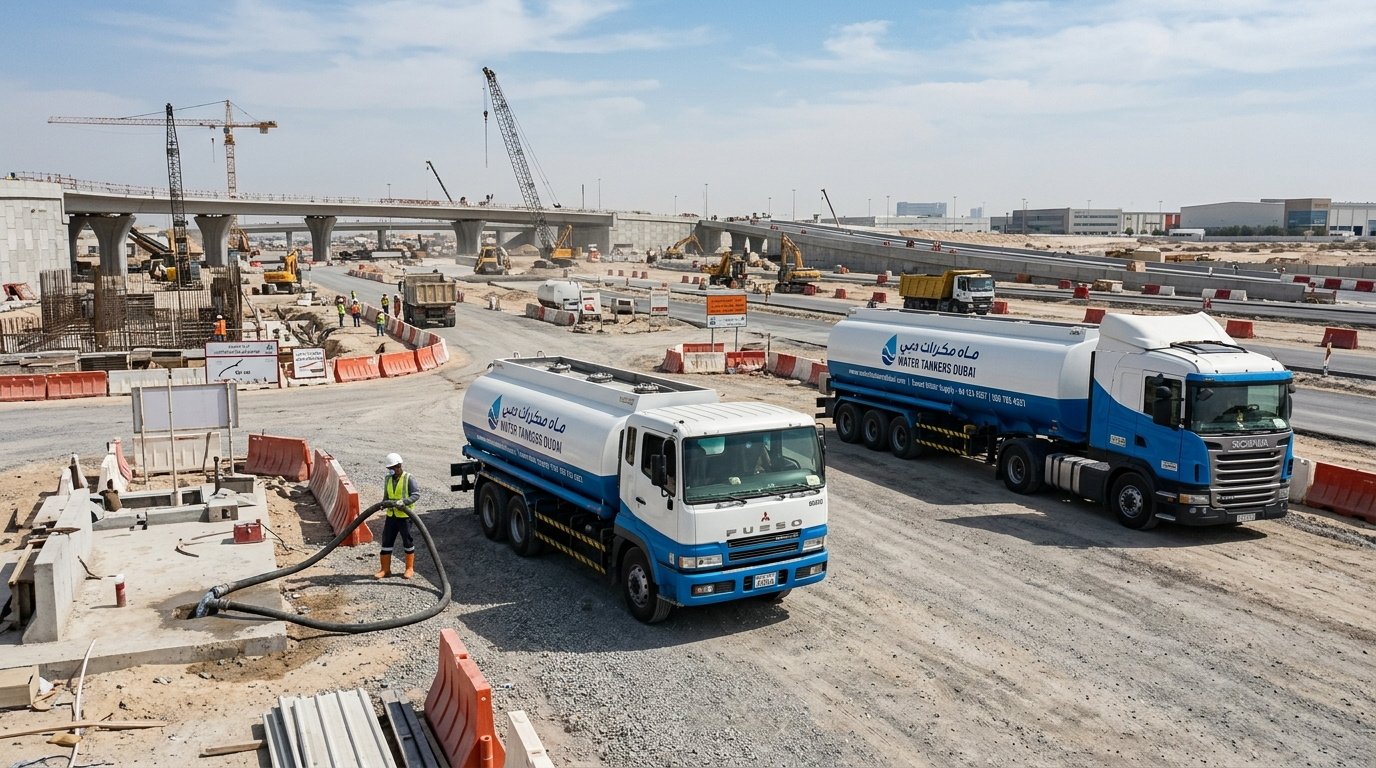 Water tankers supplying an active Dubai construction site