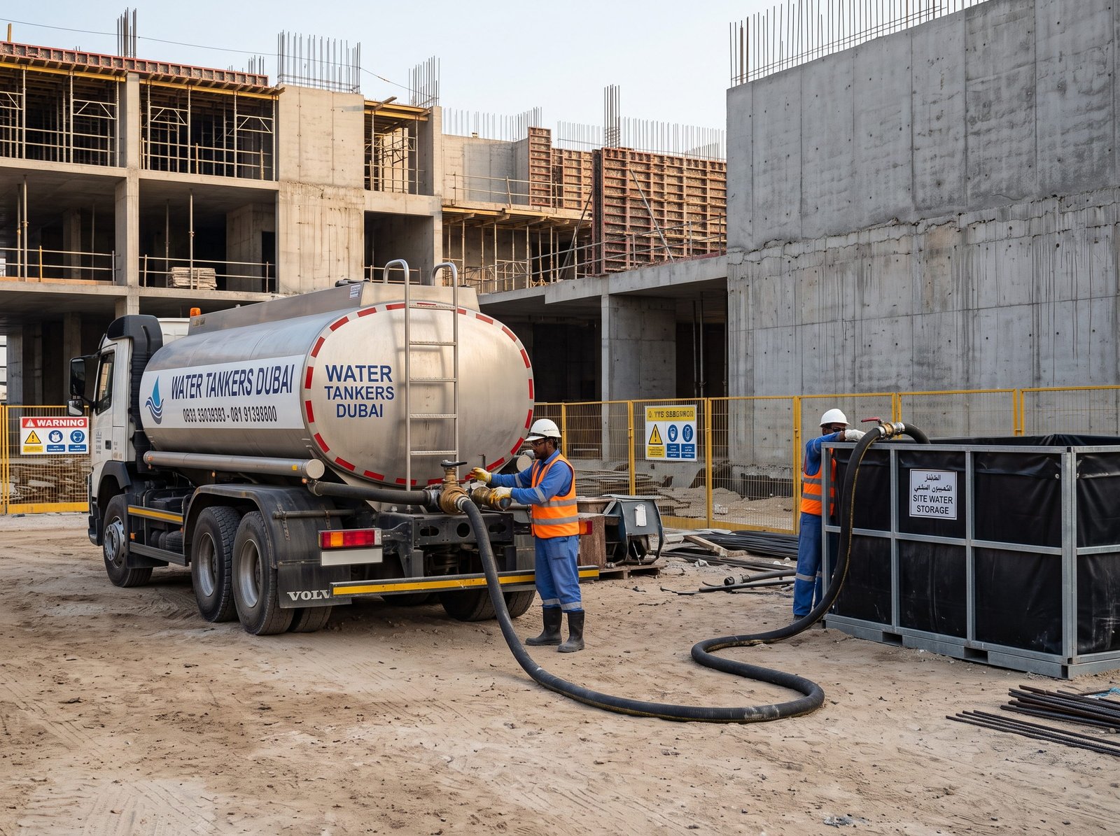 Water tanker filling an IBC tank at a Dubai construction site