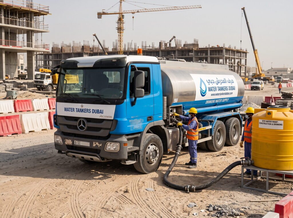 Water tanker filling a site tank at a Dubai construction project