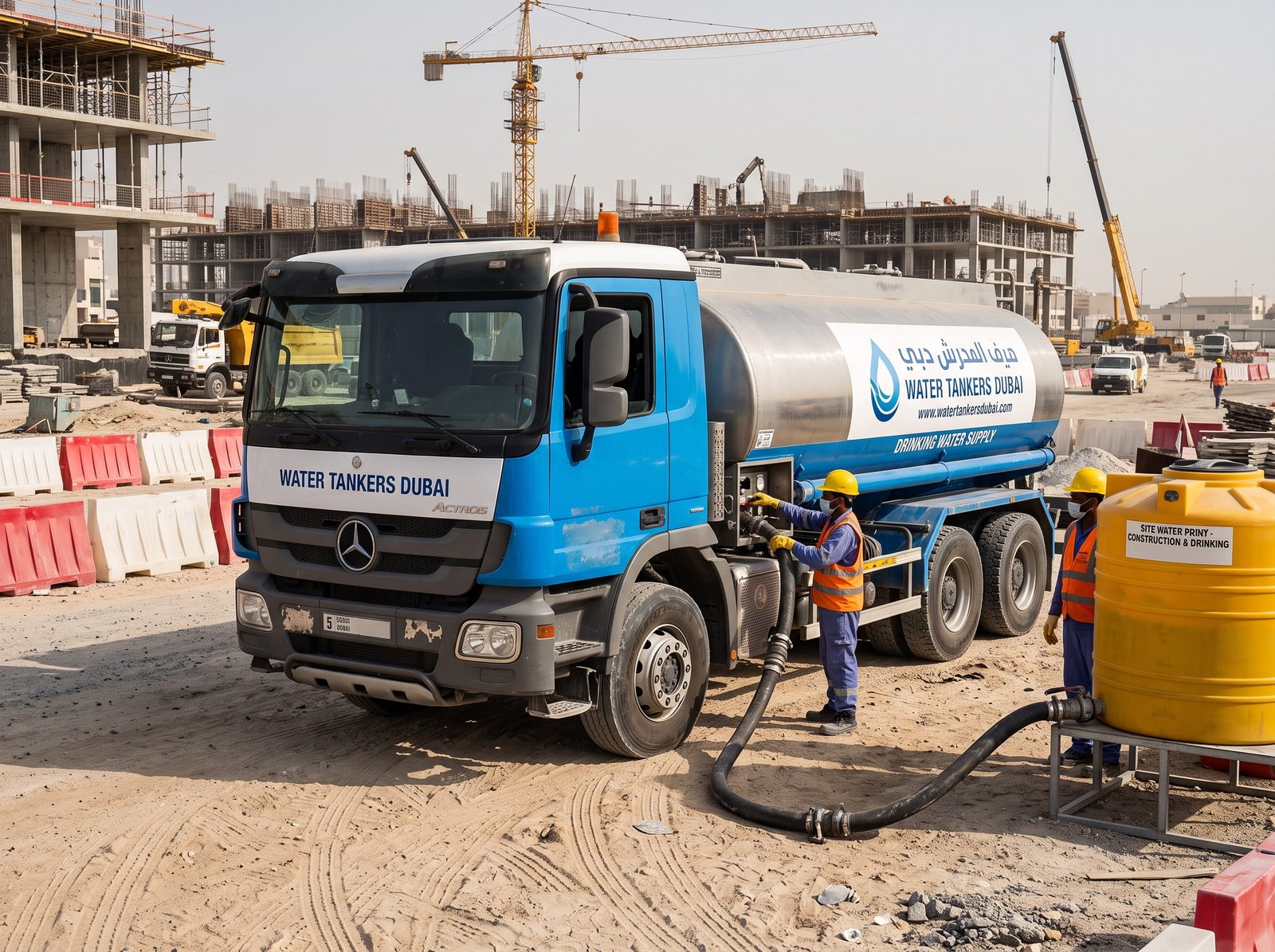 Water tanker filling a site tank at a Dubai construction project