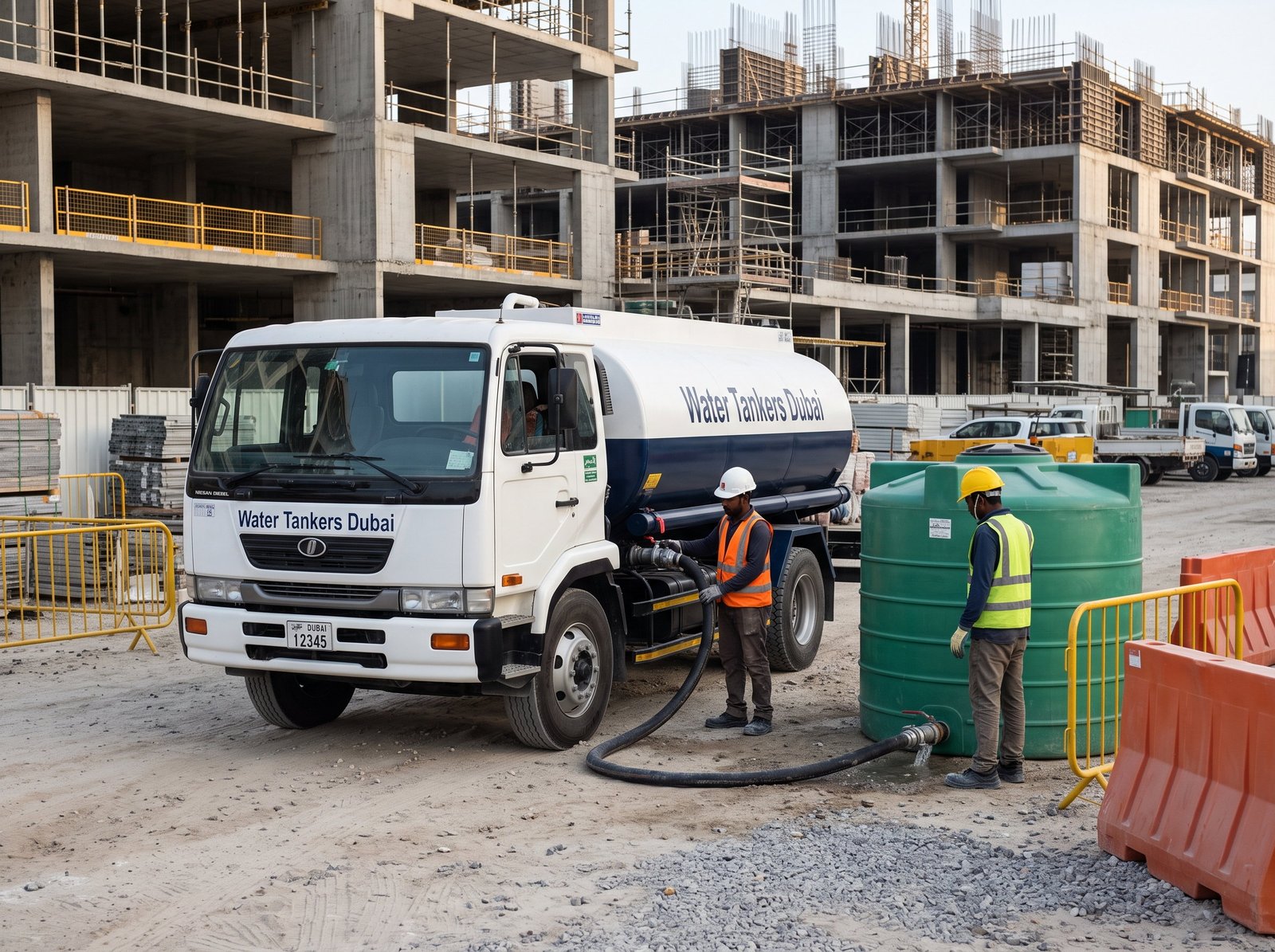 Water tanker filling site storage tanks at a Dubai construction project