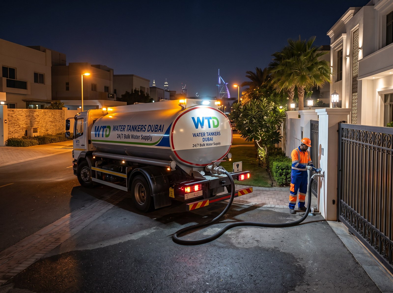 Emergency water tanker making a night delivery at a Dubai villa