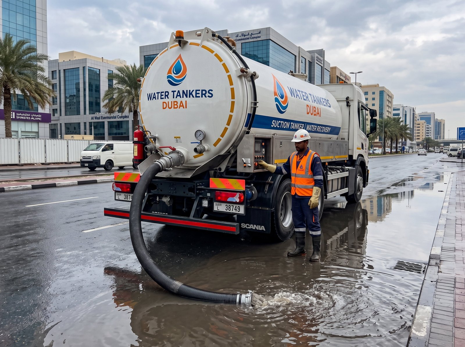 Suction tanker removing standing flood water from a Dubai road