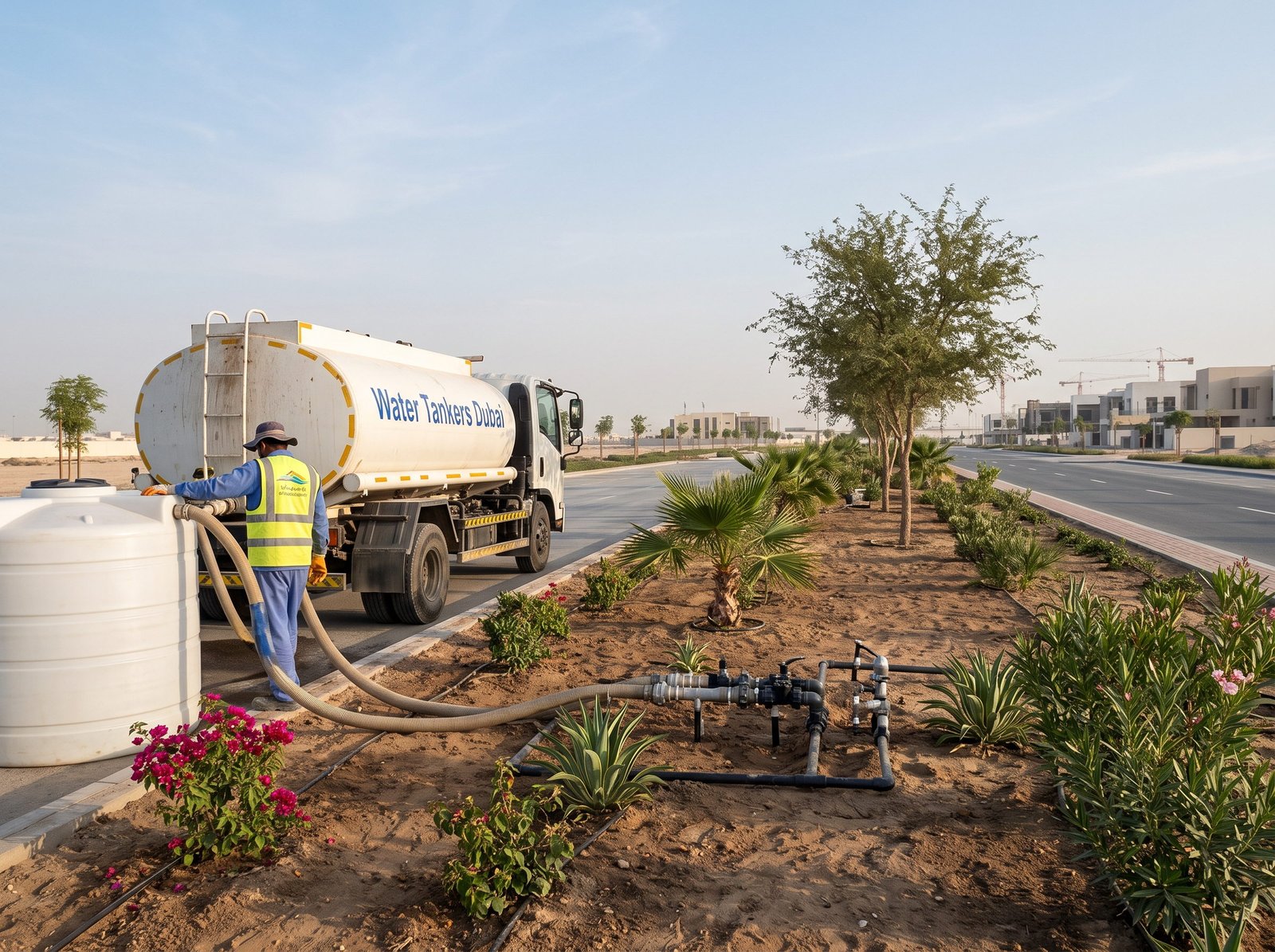 Irrigation water tanker supplying roadside landscaping in Dubai