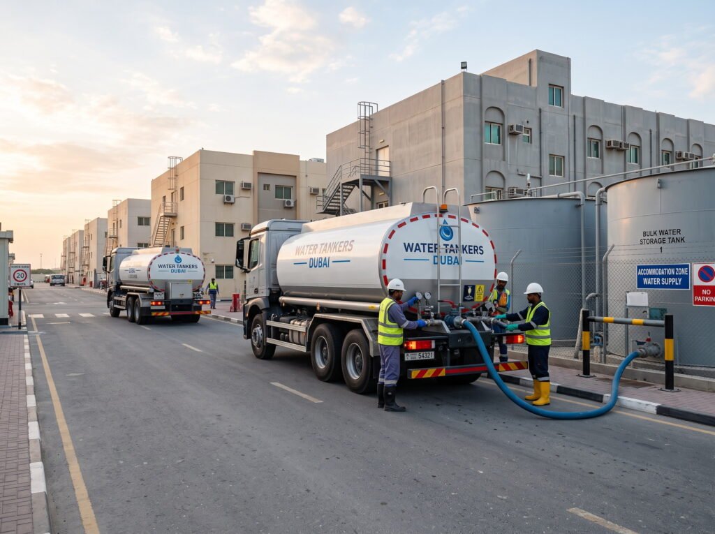 Bulk water tankers supplying a Dubai labour accommodation storage tank