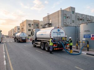 Bulk water tankers supplying a Dubai labour accommodation storage tank