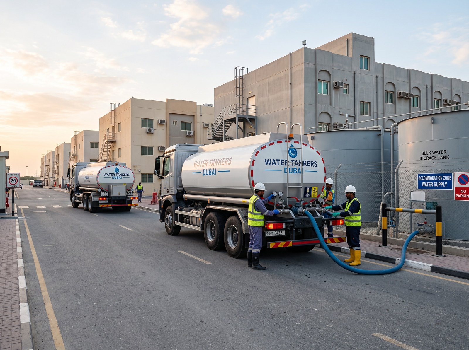 Bulk water tankers supplying a Dubai labour accommodation storage tank