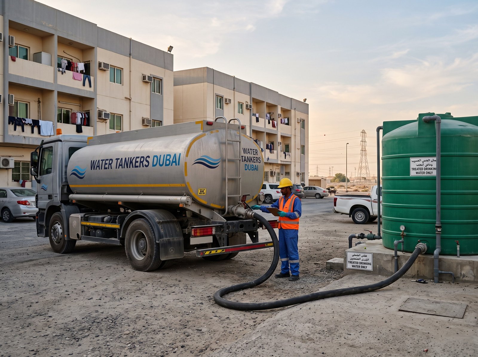 Water tanker filling a storage tank at Dubai labour accommodation