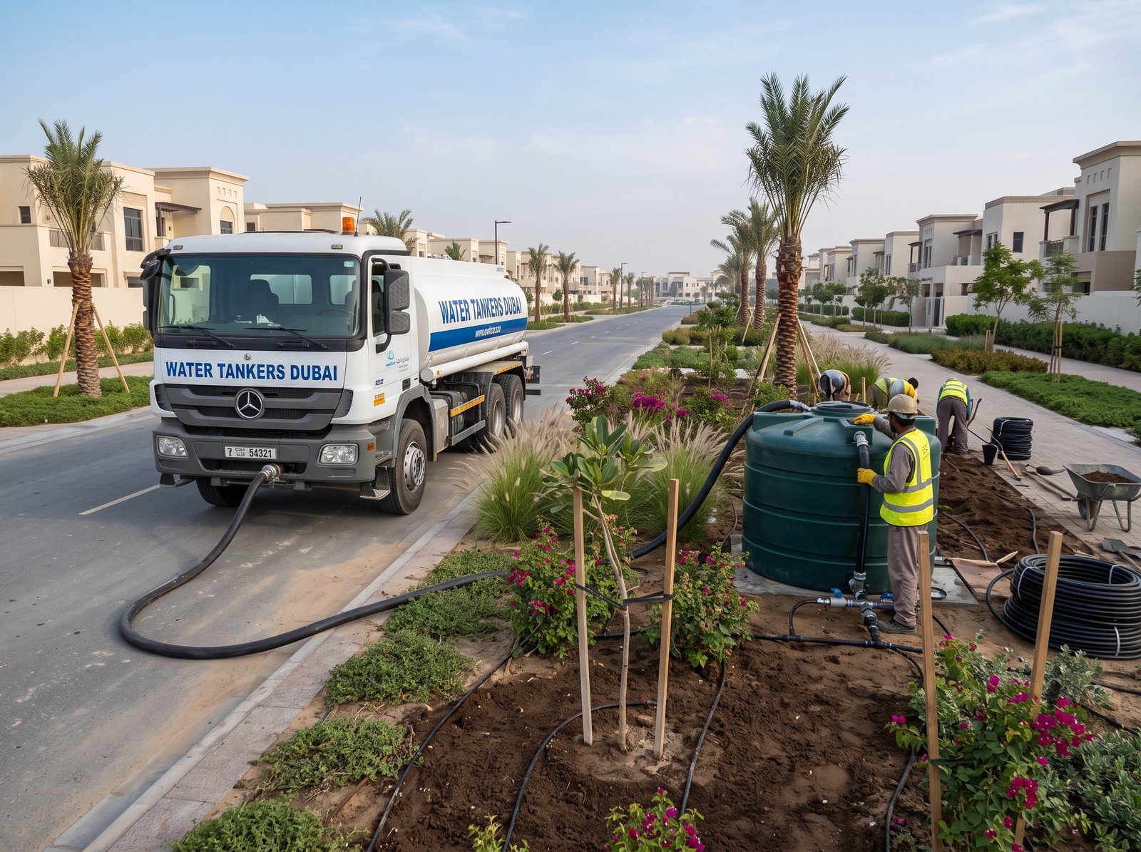 Irrigation water tanker filling a landscaping storage tank in Dubai