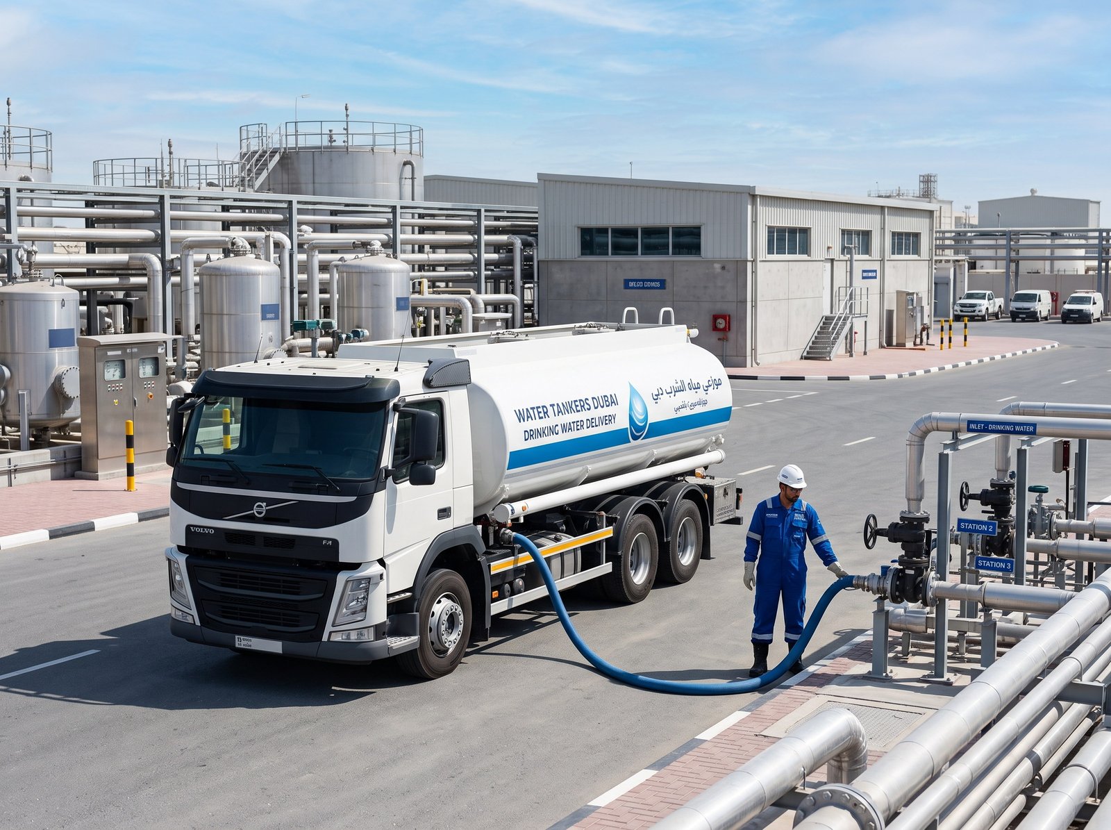 Potable water tanker loading at a Dubai water treatment plant