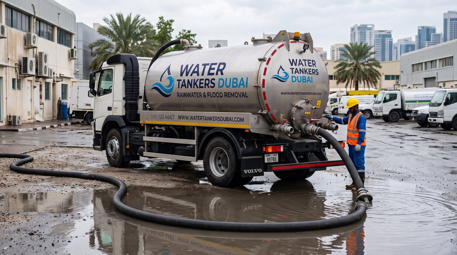 Rainwater and flood removal tanker clearing standing water in Dubai