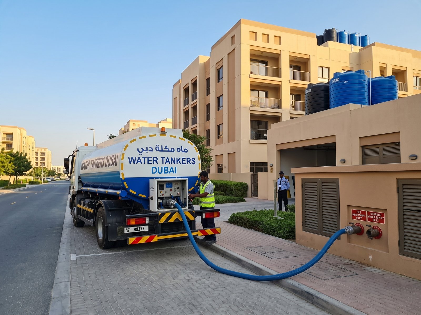 Water tanker supplying a Dubai residential building