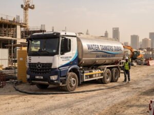 Salt water tanker delivering at a Dubai construction site