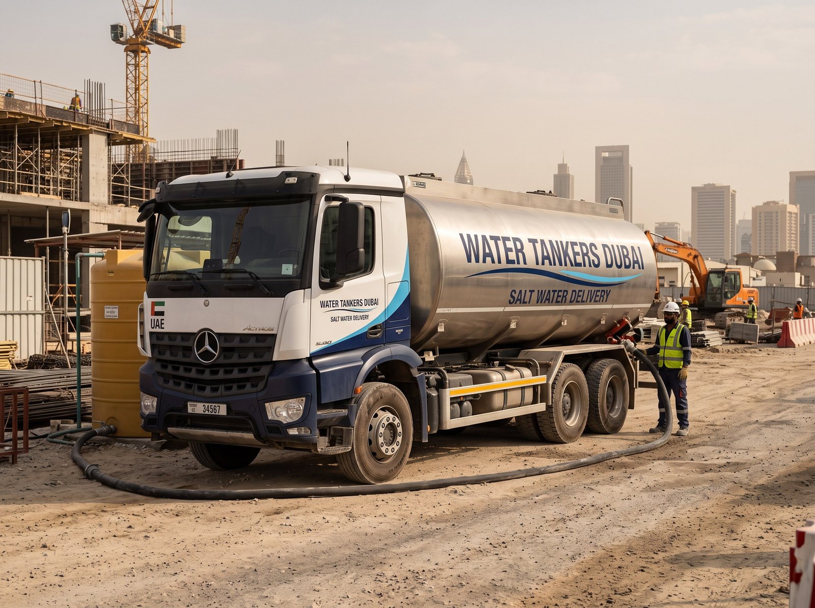 Salt water tanker delivering at a Dubai construction site