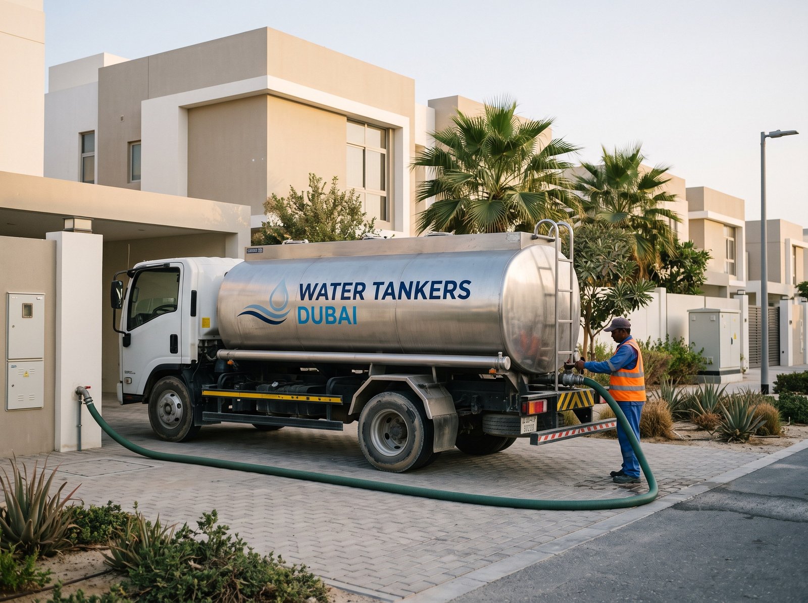 Sweet water tanker delivering to a Dubai villa with the driver connecting the hose