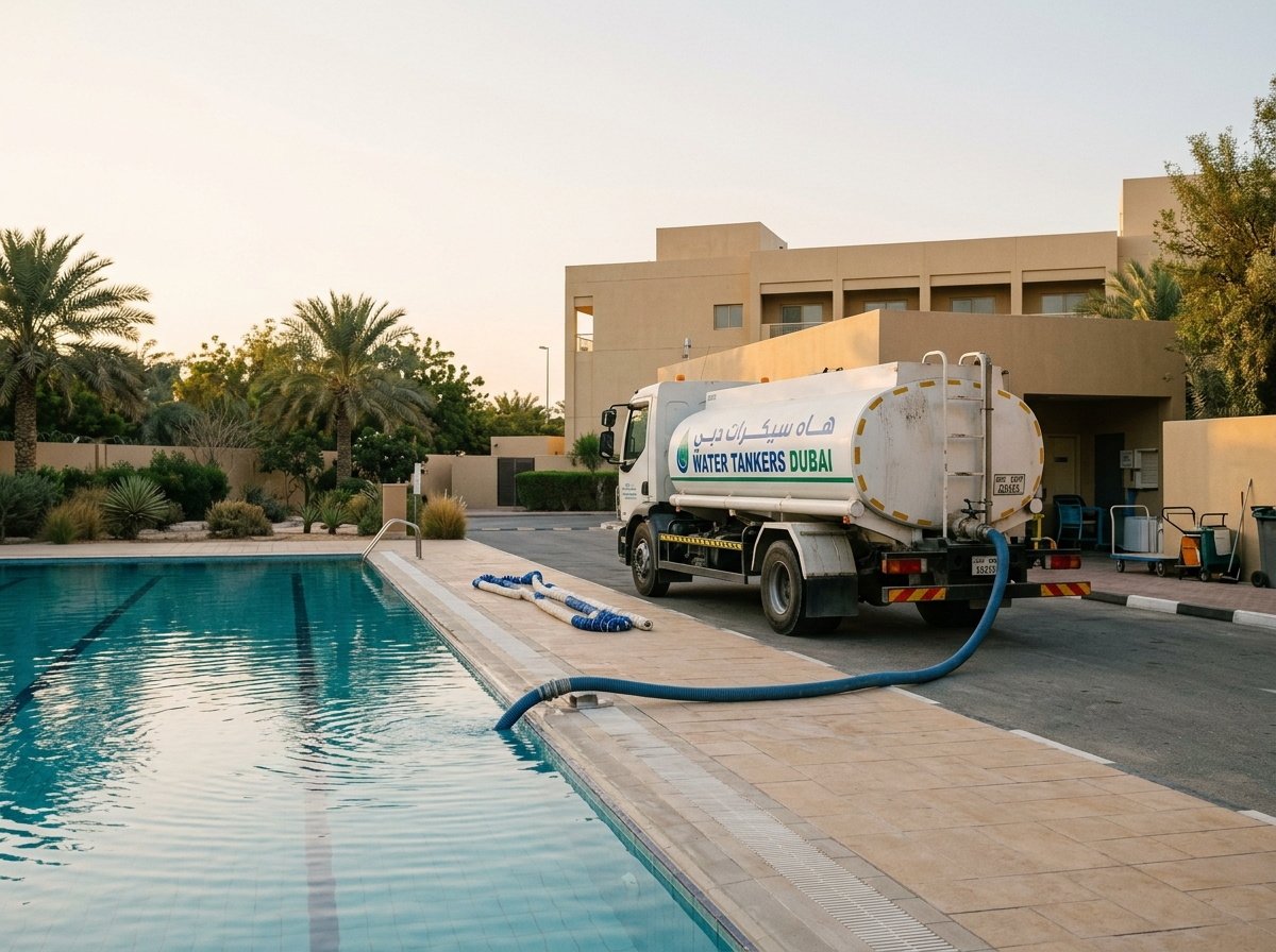 Water tanker delivering water to a villa swimming pool in Dubai