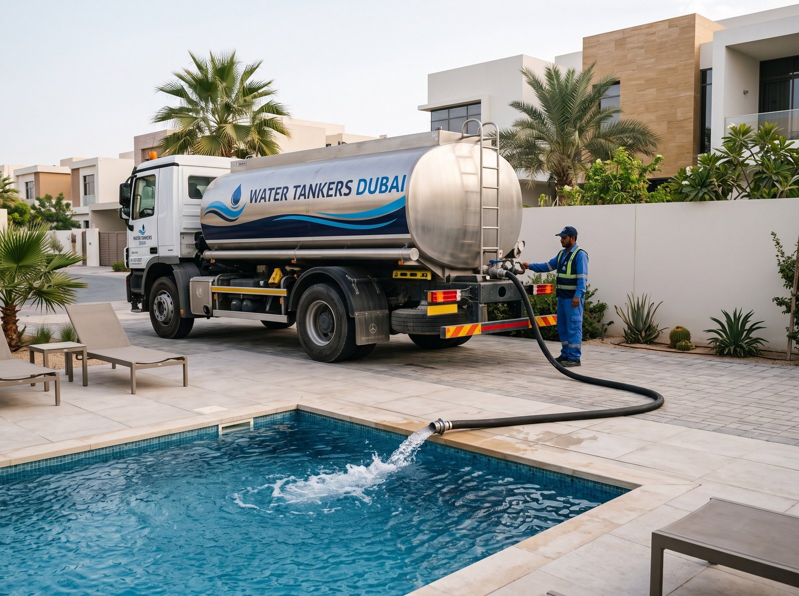 Water tanker filling a villa swimming pool in Dubai