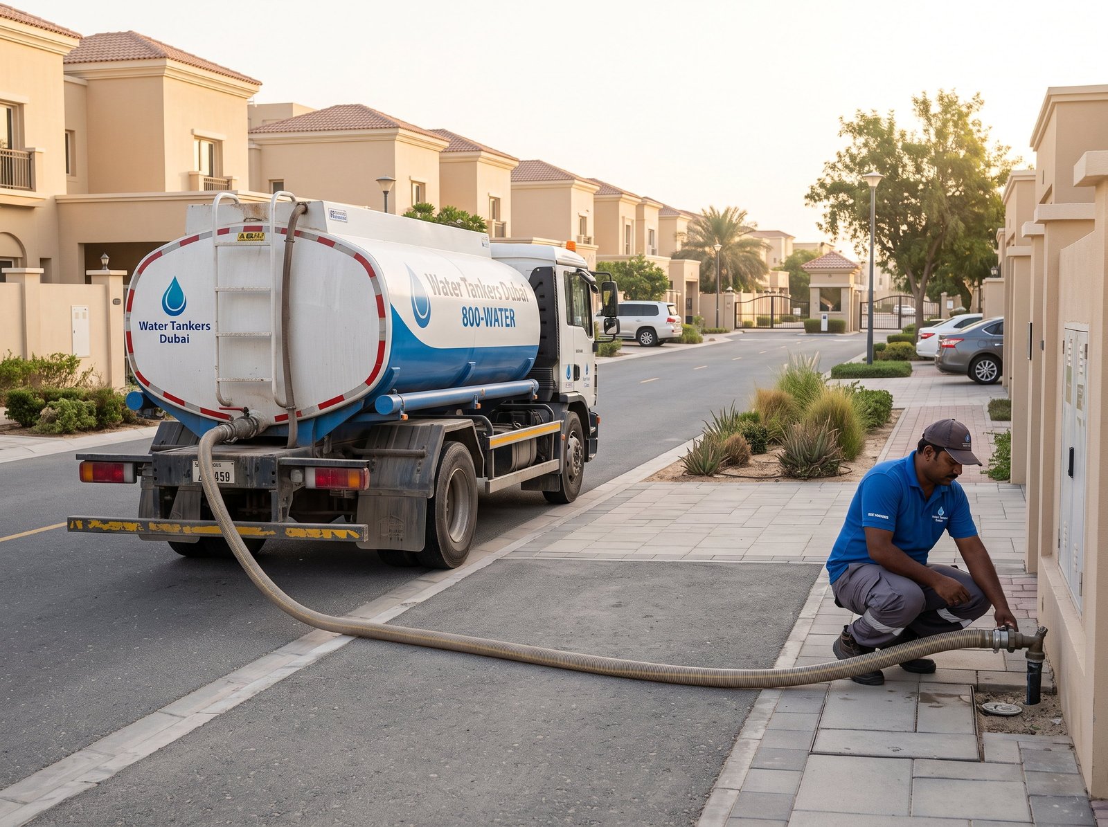 Water tanker delivering in a Dubai villa community