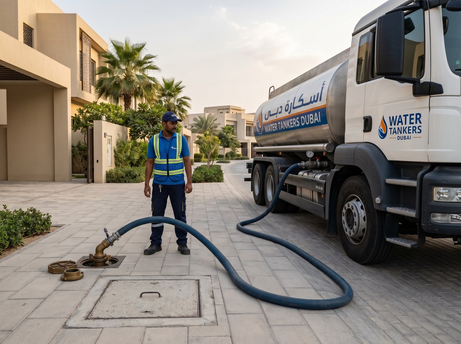 Water Tankers Dubai driver with the delivery hose at a villa