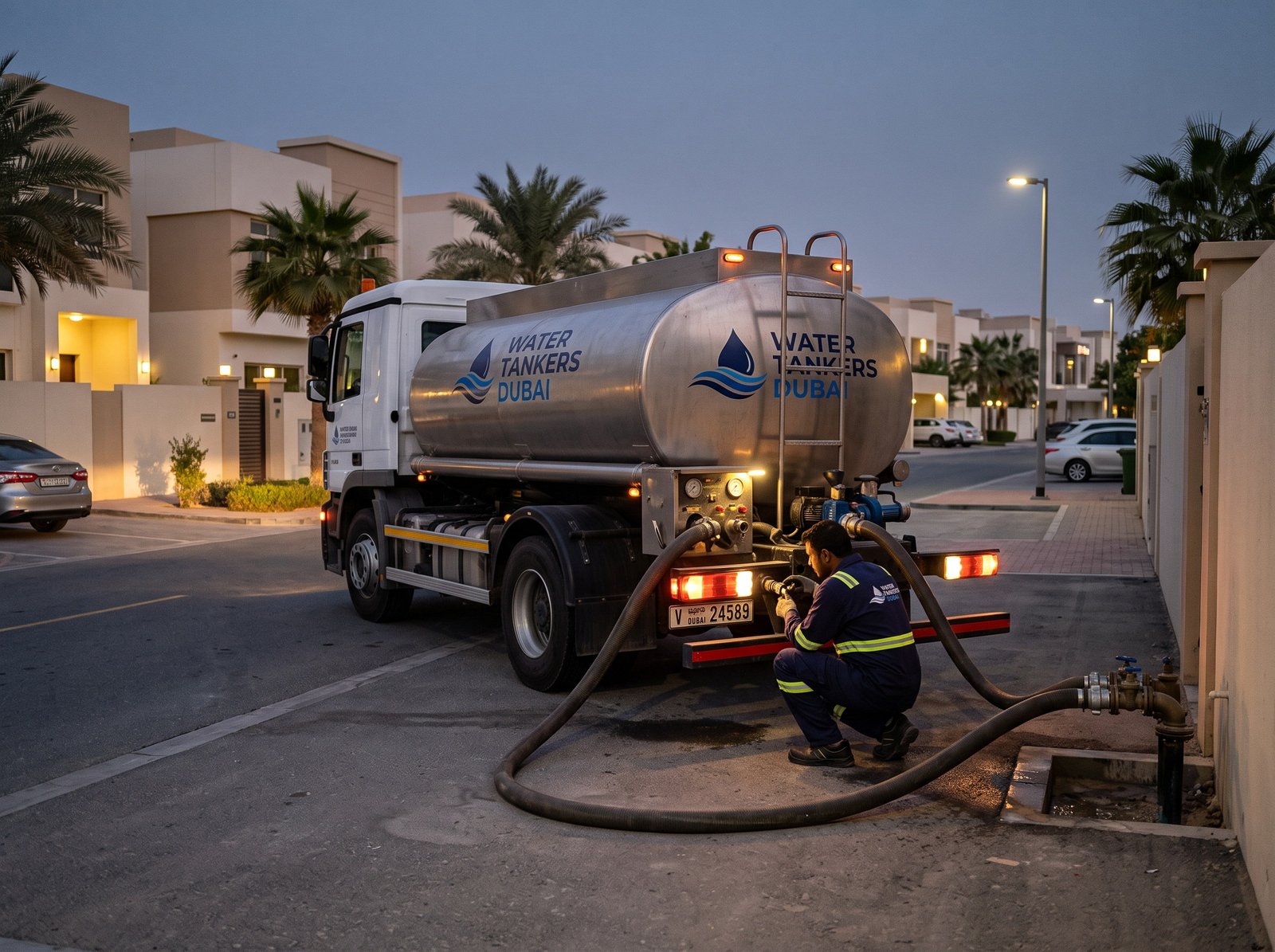 Water tanker delivering to a Dubai villa at dusk