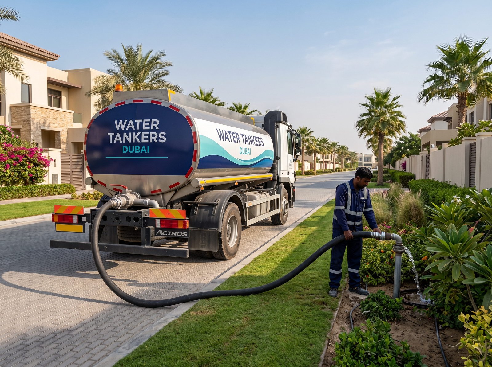 Water tanker delivering beside villa landscaping in Dubai