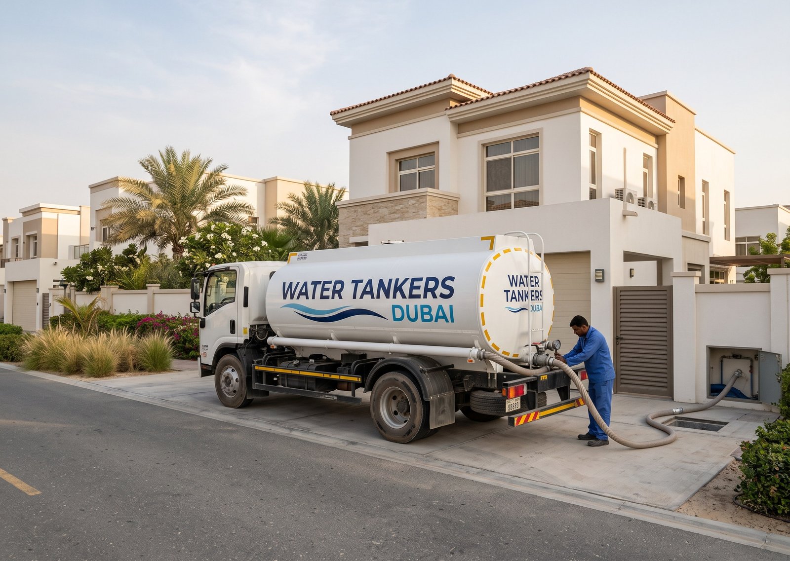 Tanker filling an underground villa water tank in Dubai