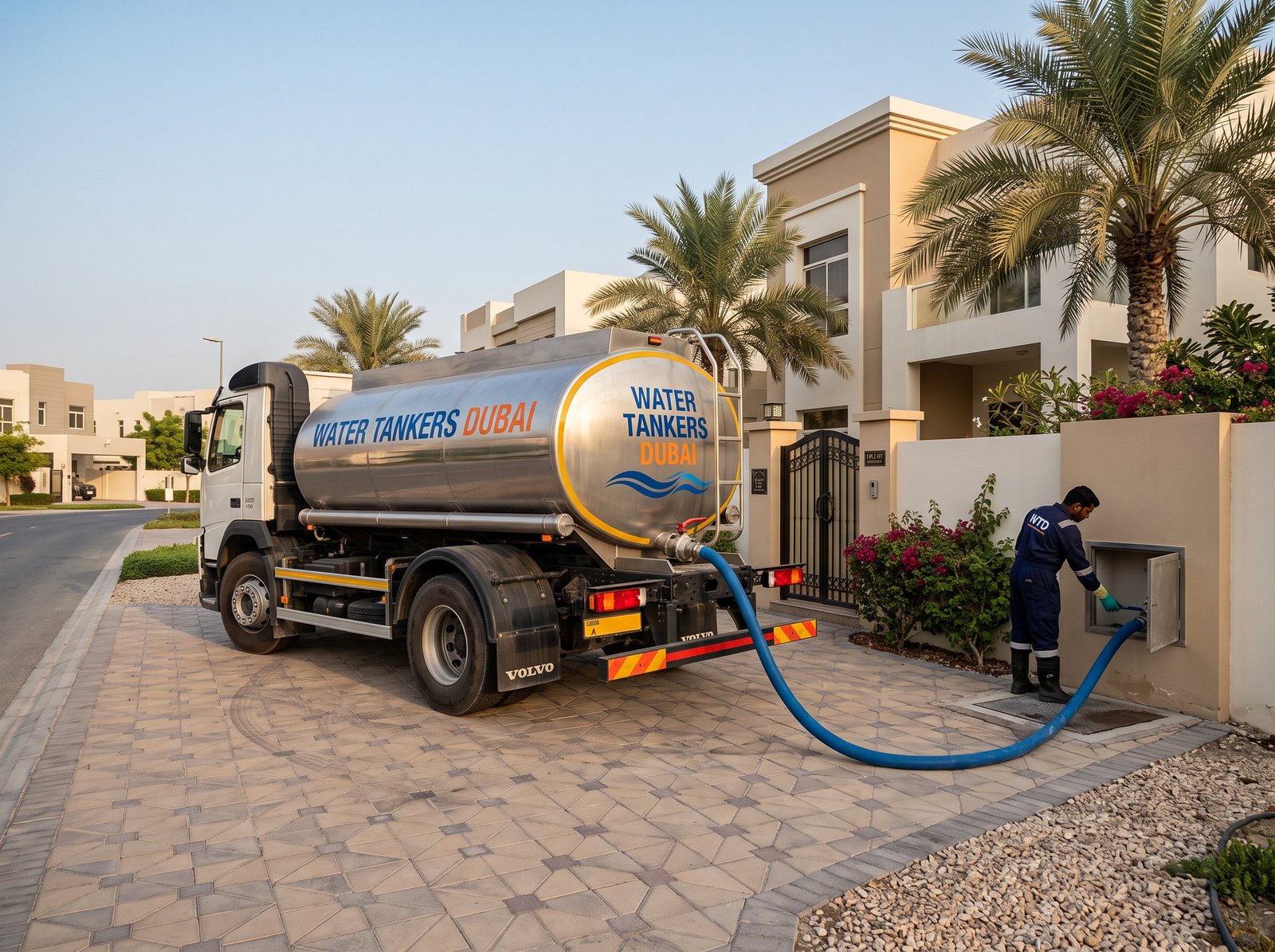 Tanker driver filling a villa water tank through a wall inlet in Dubai