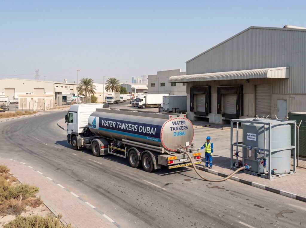 Water tanker filling an IBC tank at a Dubai warehouse