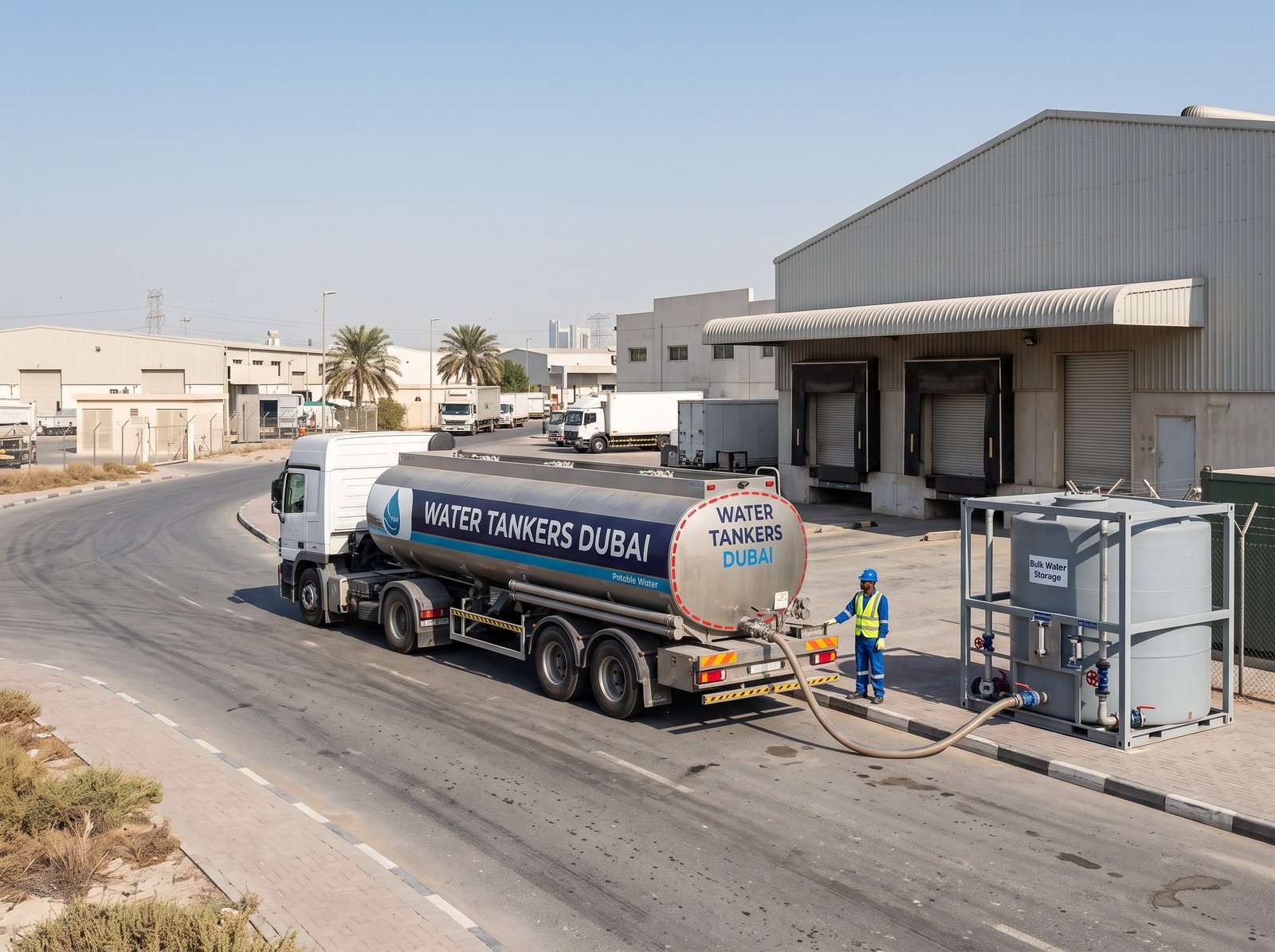 Water tanker filling an IBC tank at a Dubai warehouse