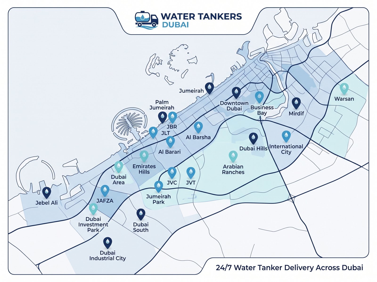 Map of Water Tankers Dubai delivery coverage across Dubai areas