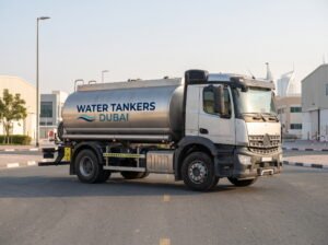 Water Tankers Dubai branded tanker on a Dubai road during a delivery run