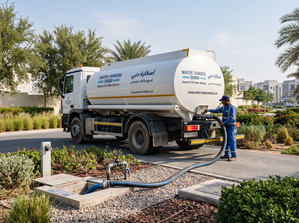 Tanker driver filling a ground storage tank inlet at a Dubai property
