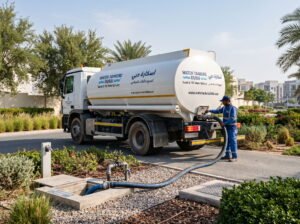 Tanker driver filling a ground storage tank inlet at a Dubai property