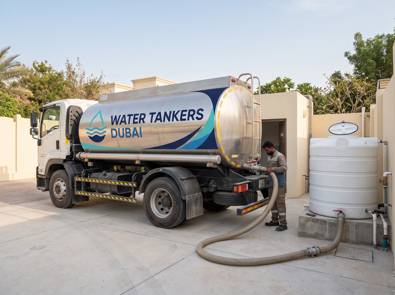 Water tanker filling a poly storage tank at a Dubai property