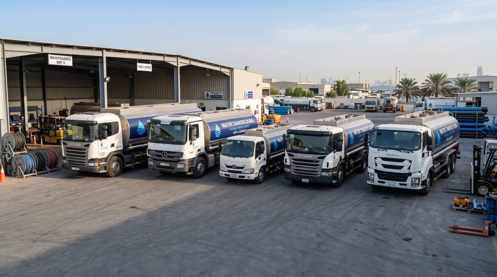 Water Tankers Dubai fleet parked at the depot