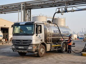 Water tanker loading sweet water at a Dubai filling terminal