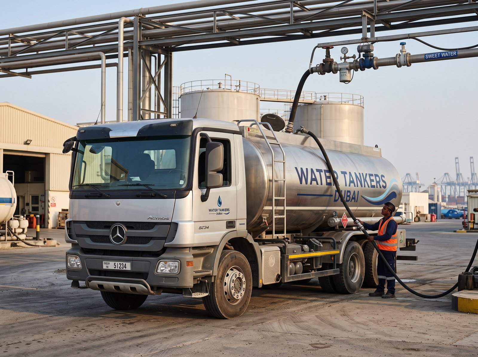 Water tanker loading sweet water at a Dubai filling terminal