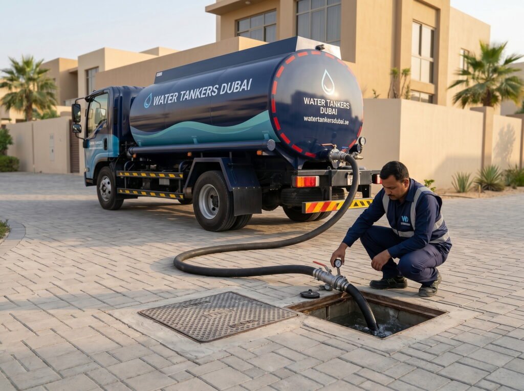 Driver connecting a delivery hose to an underground water tank in Dubai